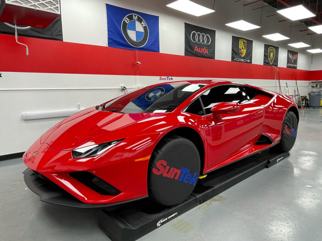 A red Lambourghini Huracan with Performance Clear Bra's Paint Protection Film installation.
